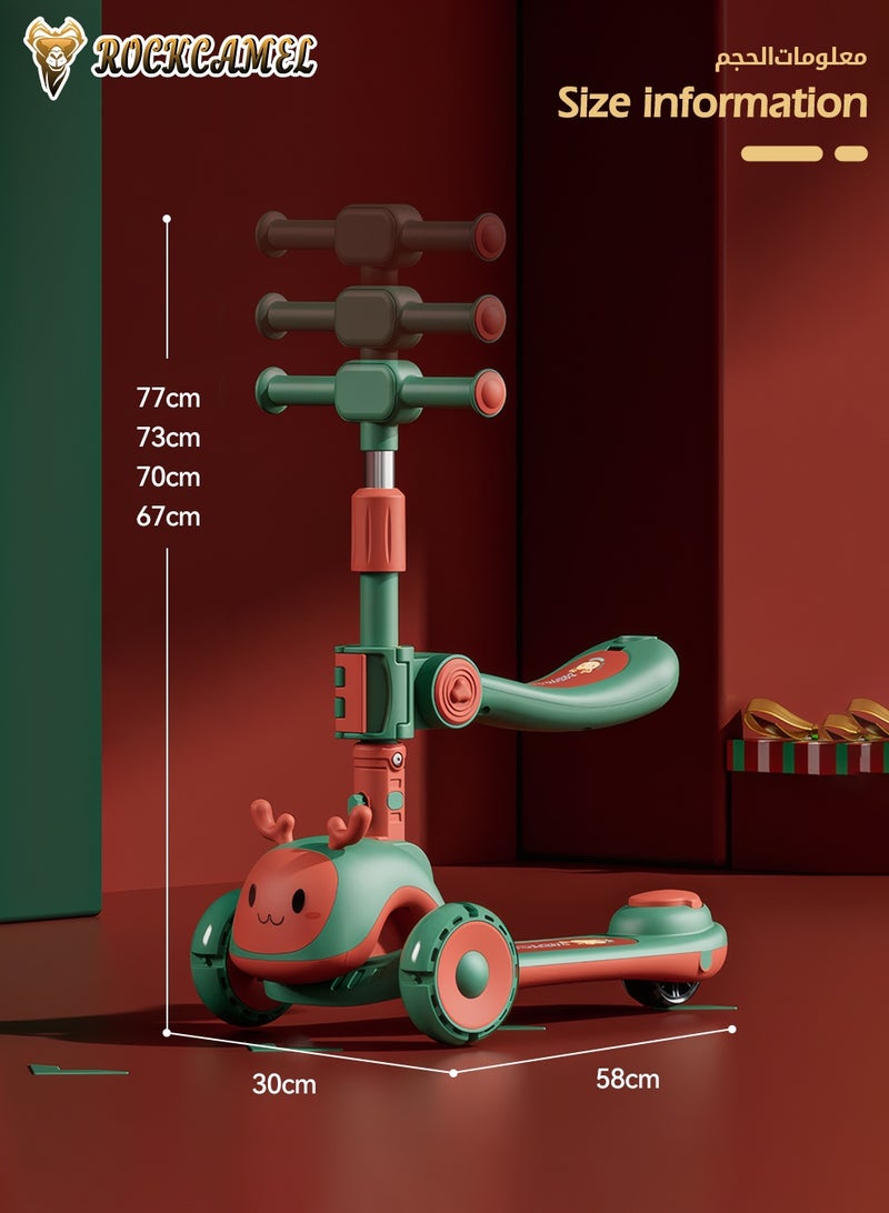 ROCKCAMEL 2 in 1 Kids Kick Scooter, Foldable Scooter with LED Lighted Wheels and 4-Level Adjustable Height Handlebars, Widen Anti-Slip Deck, Sensitive Brakes, Kids Toys for Boys & Girls Ages 1-12, Green - Image 5